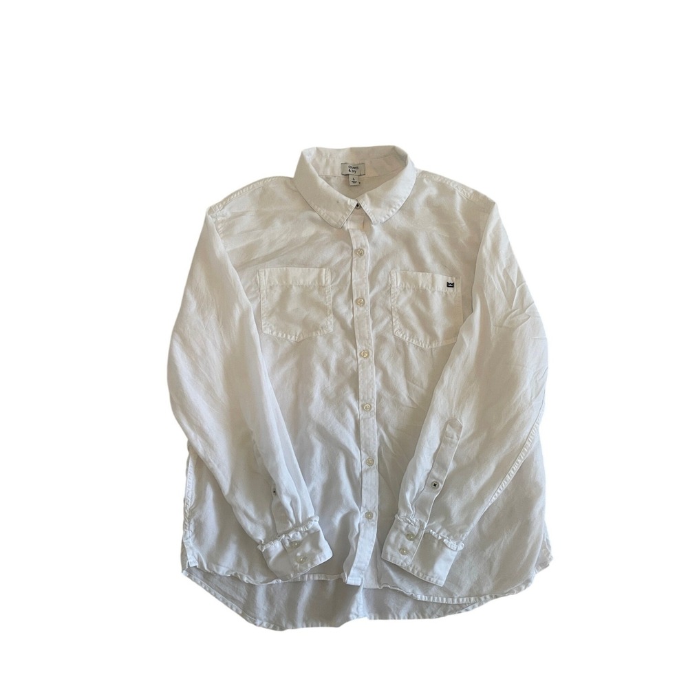 White Tencel Lyocell Button Down Shirt Ruffle Cuff Size L by Crown & Ivy
